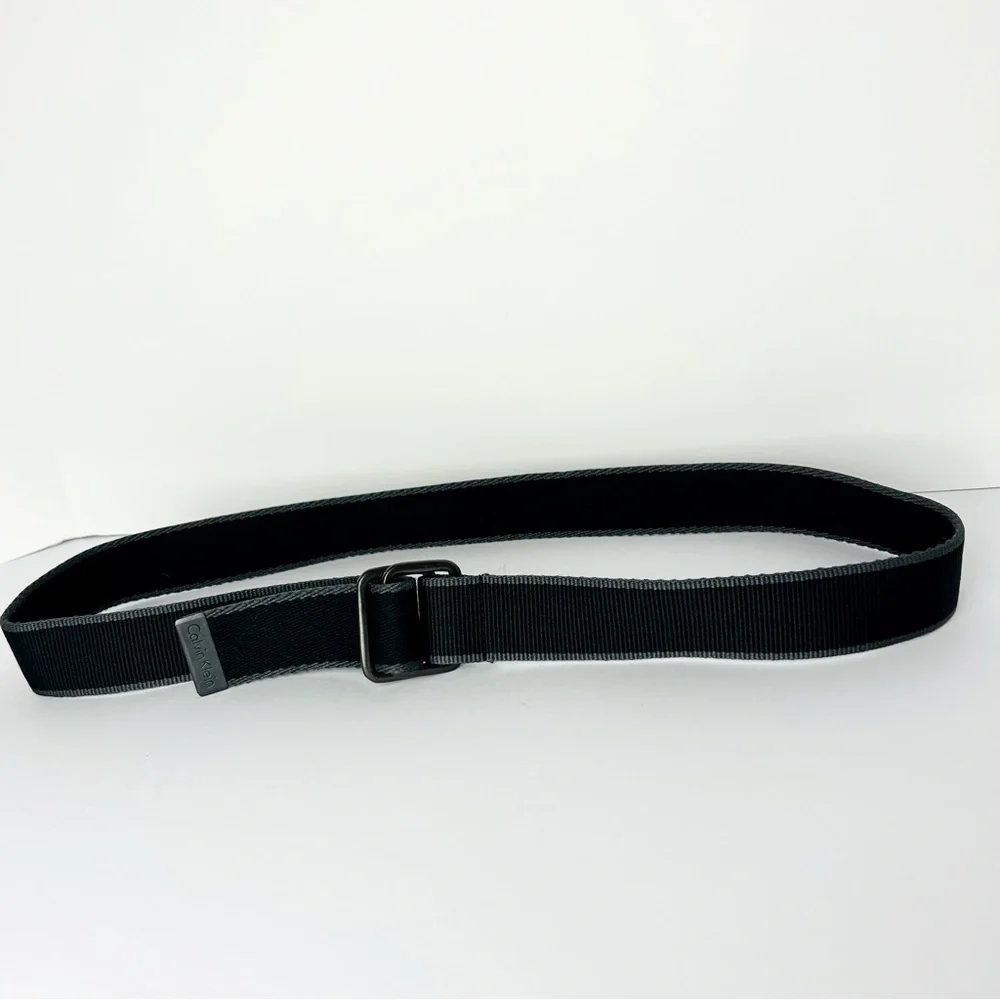 Calvin Klein Cloth Belt Men's Size 36 Black With Gray Trim Logo Nickel Buckle